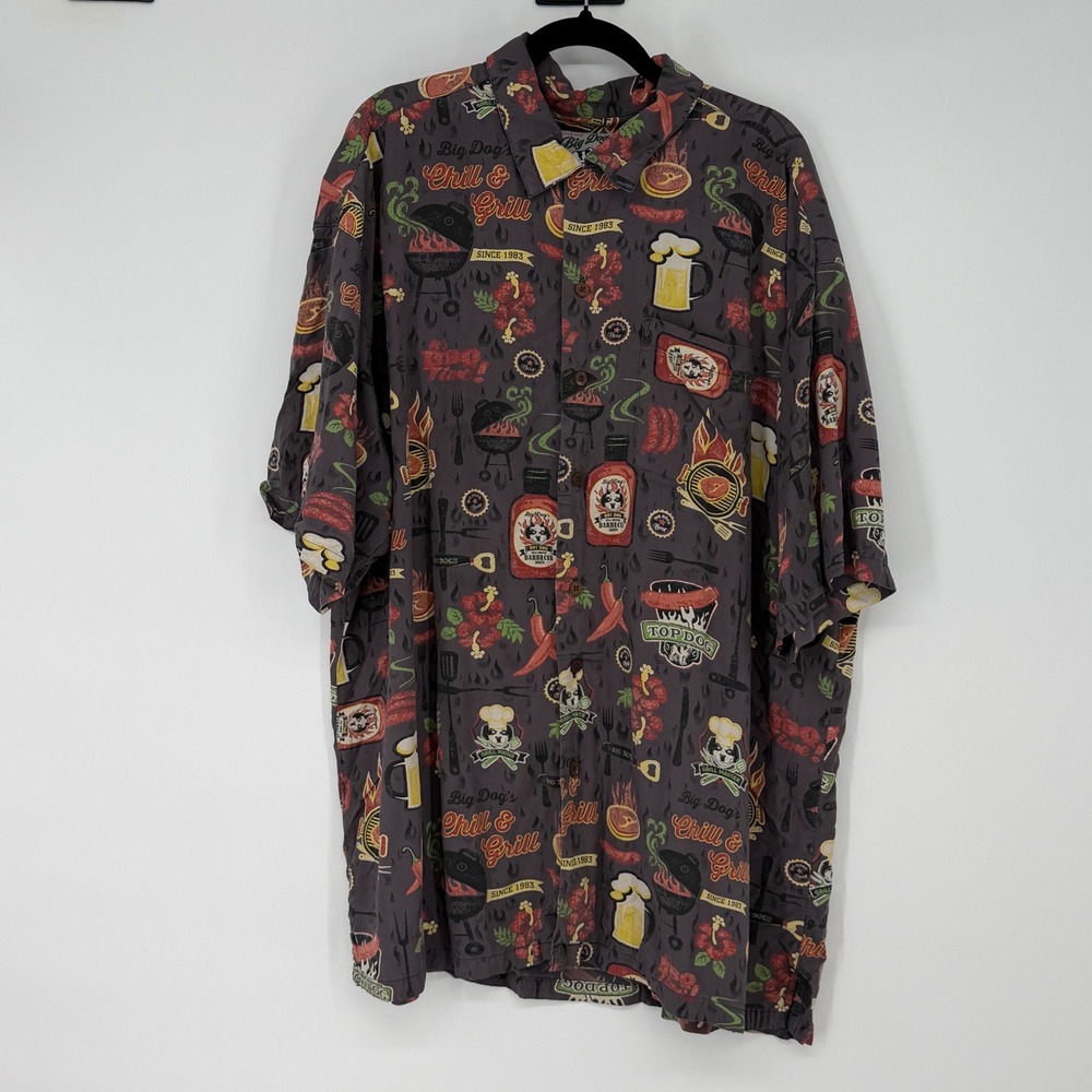 Big Dogs Chill and Grill BBQ Novelty Rayon Button Up Shirt Mens XL Gray BBQ Time